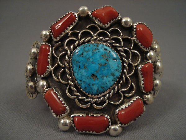 Huge Vintage Navajo/ Zuni Turquoise Coral Silver Bracelet'