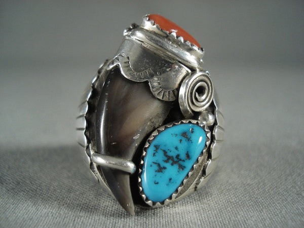 22 Gram Huge Navajo Coral And Turquoise Sterling Silver Ring