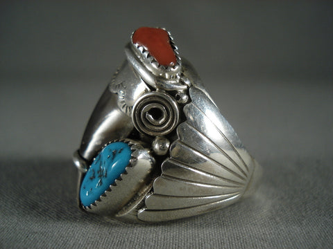 22 Gram Huge Navajo Coral And Turquoise Sterling Silver Ring