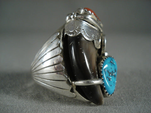 22 Gram Huge Navajo Coral And Turquoise Sterling Silver Ring