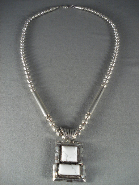 Advanced Silver Work Vintage Navajo White Buffalo Turquoise Silver Necklace