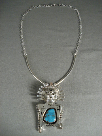 Important Modernistic Navajo Turquoise Silver Kachina Necklace