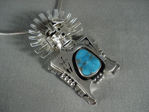 Important Modernistic Navajo Turquoise Silver Kachina Necklace