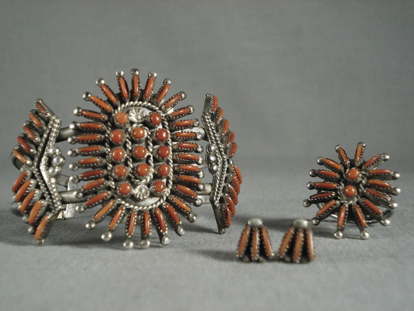 Museum Vintage Zuni 'Real Coral' Silver Bracelet Ring Earrings Set