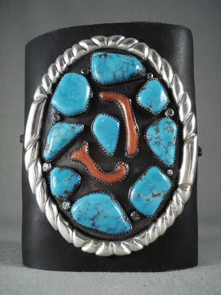 Huge Vintage Zuni Turquoise Coral Silver Bowguard Ketoh Bracelet