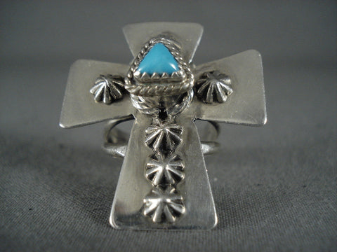 One Of The Biggest Vintage Navajo Turquoise Silver Cross Ring