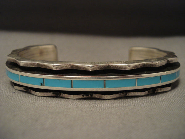 Hvy Vintage Zuni zig Zag Larry Loretto Turquoise Silver Bracelet