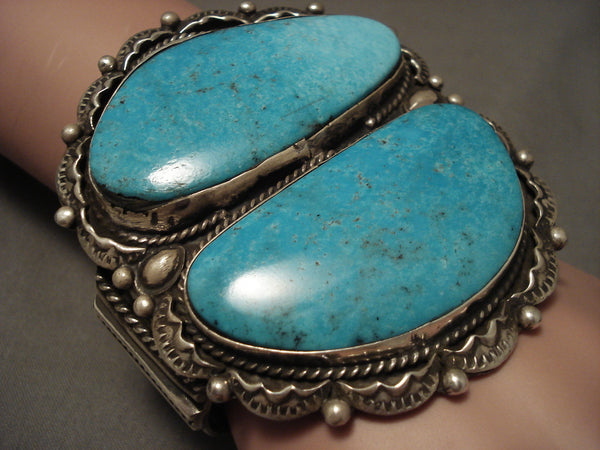 Colossal Navajo 'Duel Pool' Turquoise Silver Heavy Stamp Bracelet