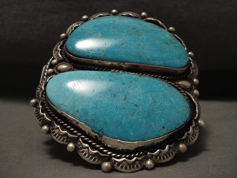 Colossal Navajo 'Duel Pool' Turquoise Silver Heavy Stamp Bracelet