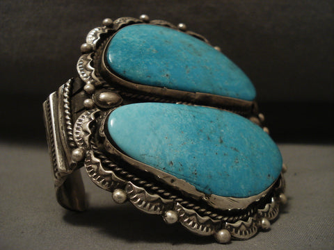 Colossal Navajo 'Duel Pool' Turquoise Silver Heavy Stamp Bracelet