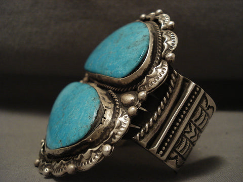 Colossal Navajo 'Duel Pool' Turquoise Silver Heavy Stamp Bracelet