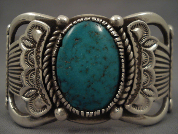 Hvy Old Navajo Domed Turquoise Silver flank Bracelet