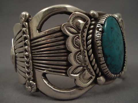 Hvy Old Navajo Domed Turquoise Silver flank Bracelet