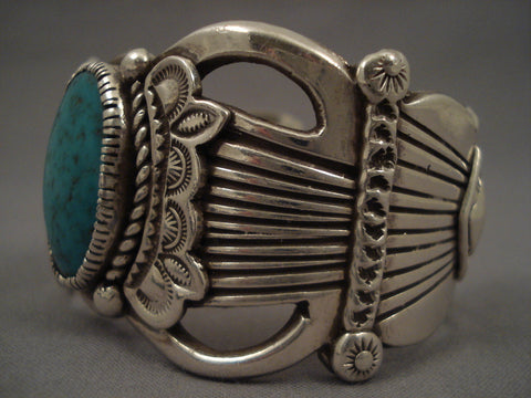 Hvy Old Navajo Domed Turquoise Silver flank Bracelet