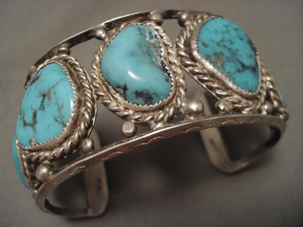 Chunky Old Navajo Nlue Turquoise Silver Rbacelet- For Large Wrist