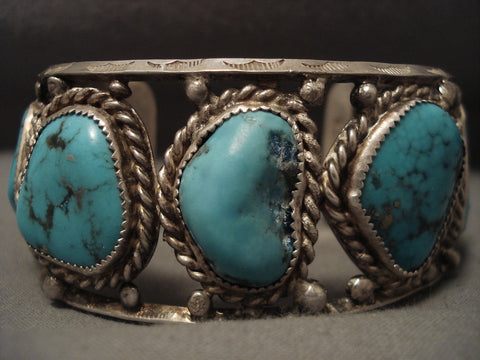 Chunky Old Navajo Nlue Turquoise Silver Rbacelet- For Large Wrist