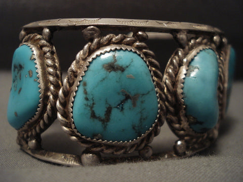 Chunky Old Navajo Nlue Turquoise Silver Rbacelet- For Large Wrist