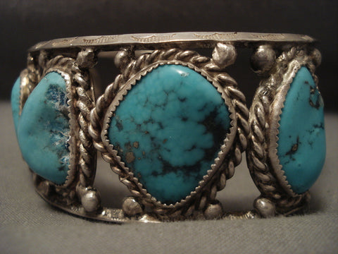 Chunky Old Navajo Nlue Turquoise Silver Rbacelet- For Large Wrist