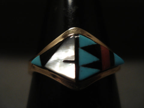 Museum Vintage Zuni 'Wide Solid 14k Gold' Turquoise Ring Old