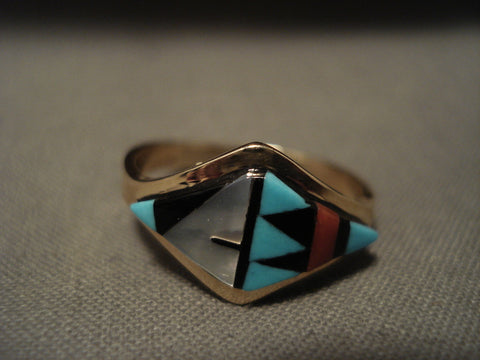 Museum Vintage Zuni 'Wide Solid 14k Gold' Turquoise Ring Old