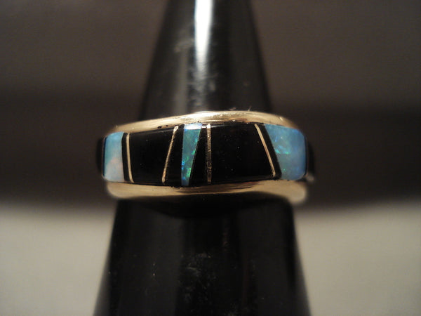 Museum Vintage Navajo Solid 14k Gold Opal And Onyx Ring Old