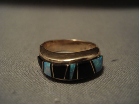 Museum Vintage Navajo Solid 14k Gold Opal And Onyx Ring Old