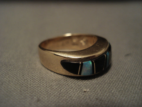 Museum Vintage Navajo Solid 14k Gold Opal And Onyx Ring Old