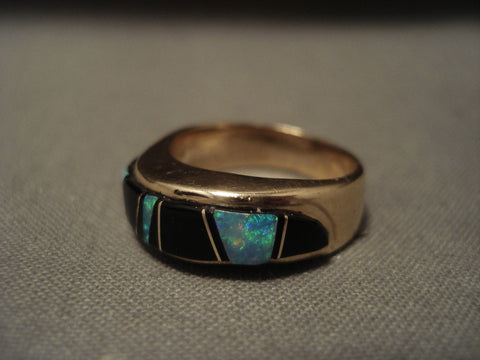 Museum Vintage Navajo Solid 14k Gold Opal And Onyx Ring Old