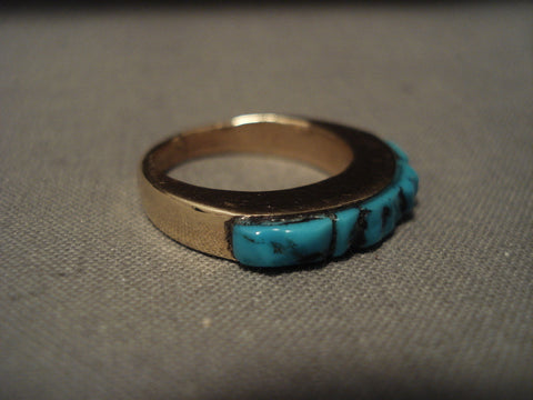 Solid 14k Gold Rare Vintage Navajo Old Kingman Turquoise Ring