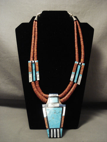 Superb Modernistic Santo Domingo 'Kachina Maiden' Turquoise Coral Necklace