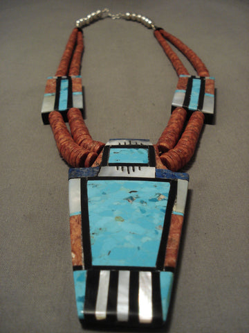 Superb Modernistic Santo Domingo 'Kachina Maiden' Turquoise Coral Necklace