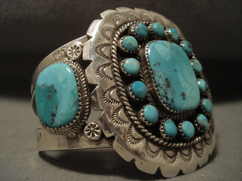 Huge Vintage Navajo Turquoise Sun Silver Bracelet