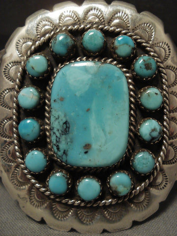Huge Vintage Navajo Turquoise Sun Silver Bracelet