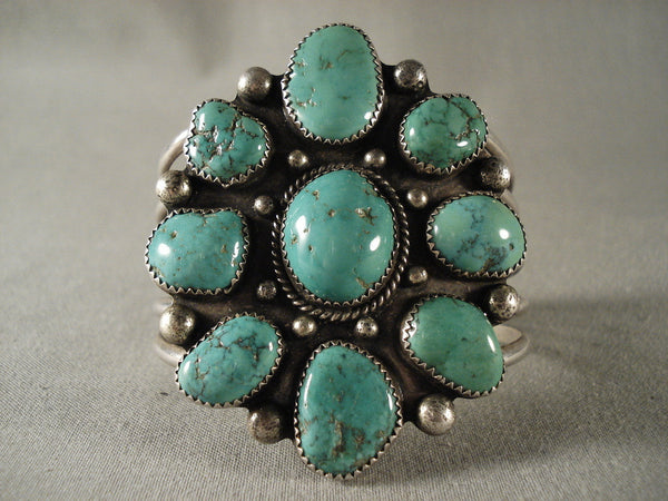 Sunbursting Formation Vintage Zuni Green Turquoise Silver Bracelet