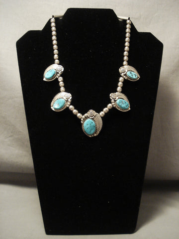 Fabulous Vintage Navajo Turquoise Silver Leaf Necklace Old