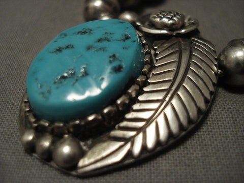 Fabulous Vintage Navajo Turquoise Silver Leaf Necklace Old