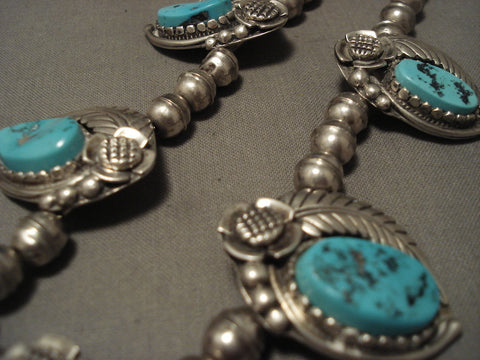 Fabulous Vintage Navajo Turquoise Silver Leaf Necklace Old