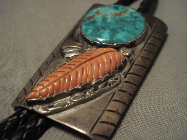 One Of The Largest Corals Ever On A Vintage Navajo Turquoise Bolo Tie