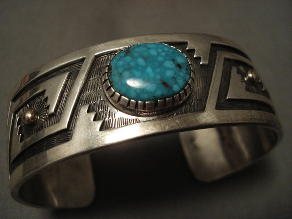 Important Vintage Hopi Turquoise And Real 14k Gold Turquoise Silver Bracelet