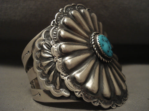 Huge Vintage Navajo 'Turquoise Sheild' Silver Bracelet