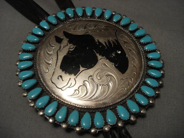 Huge Vintage Navajo Horse Turquoise Silver Bolo Tie