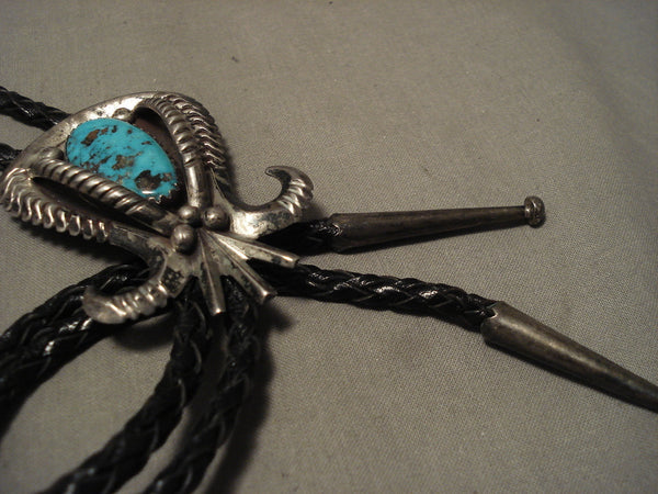 Museum Vintage Navajo 'Horns' Turquoise Silver Bolo Tie Old