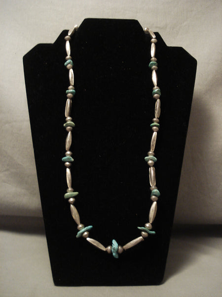 Earlier Vintage Navajo Hand Wrought Silver Torpedo Turquoise Silver Necklace