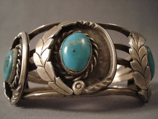 Hvy Vintage Navajo stone & Leaf Turquoise Silver Bracelet Old