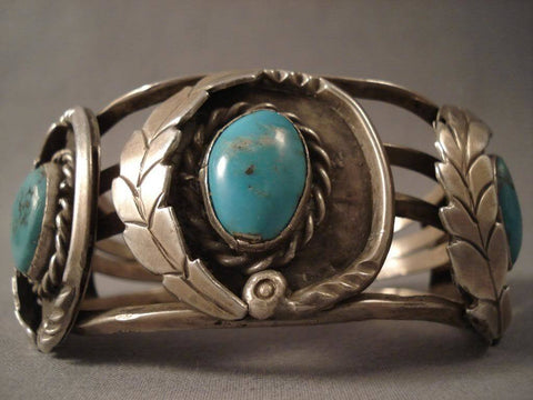 Hvy Vintage Navajo stone & Leaf Turquoise Silver Bracelet Old