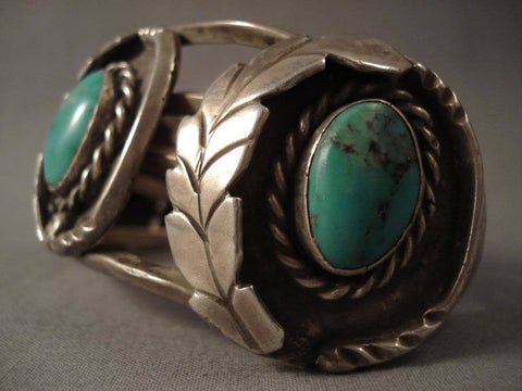 Hvy Vintage Navajo stone & Leaf Turquoise Silver Bracelet Old