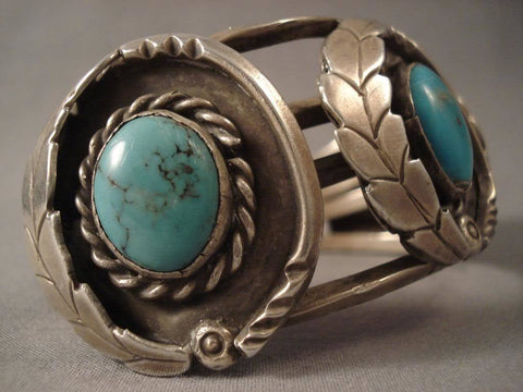 Hvy Vintage Navajo stone & Leaf Turquoise Silver Bracelet Old