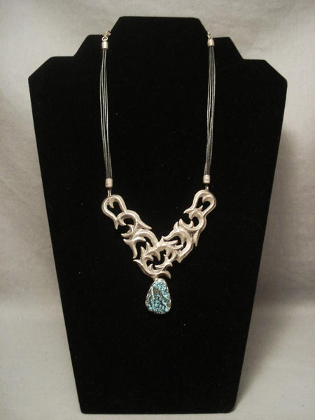 Incredibly Intricate Vintage Navajo Blue Creek Turquoise Silver Necklace