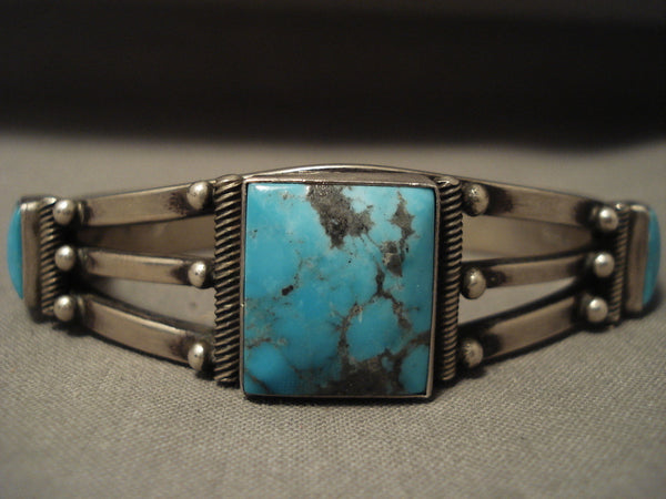 Important Vintage Navajo 'Squared Bisbee Turquoise' Silver Bracelet