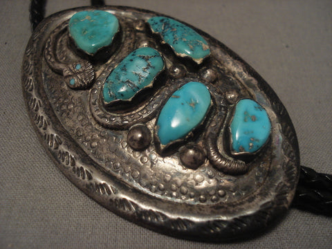 Museum Quality Old Zuni Snake Nieto Turquoise Silver Bolo Tie Old Vtg